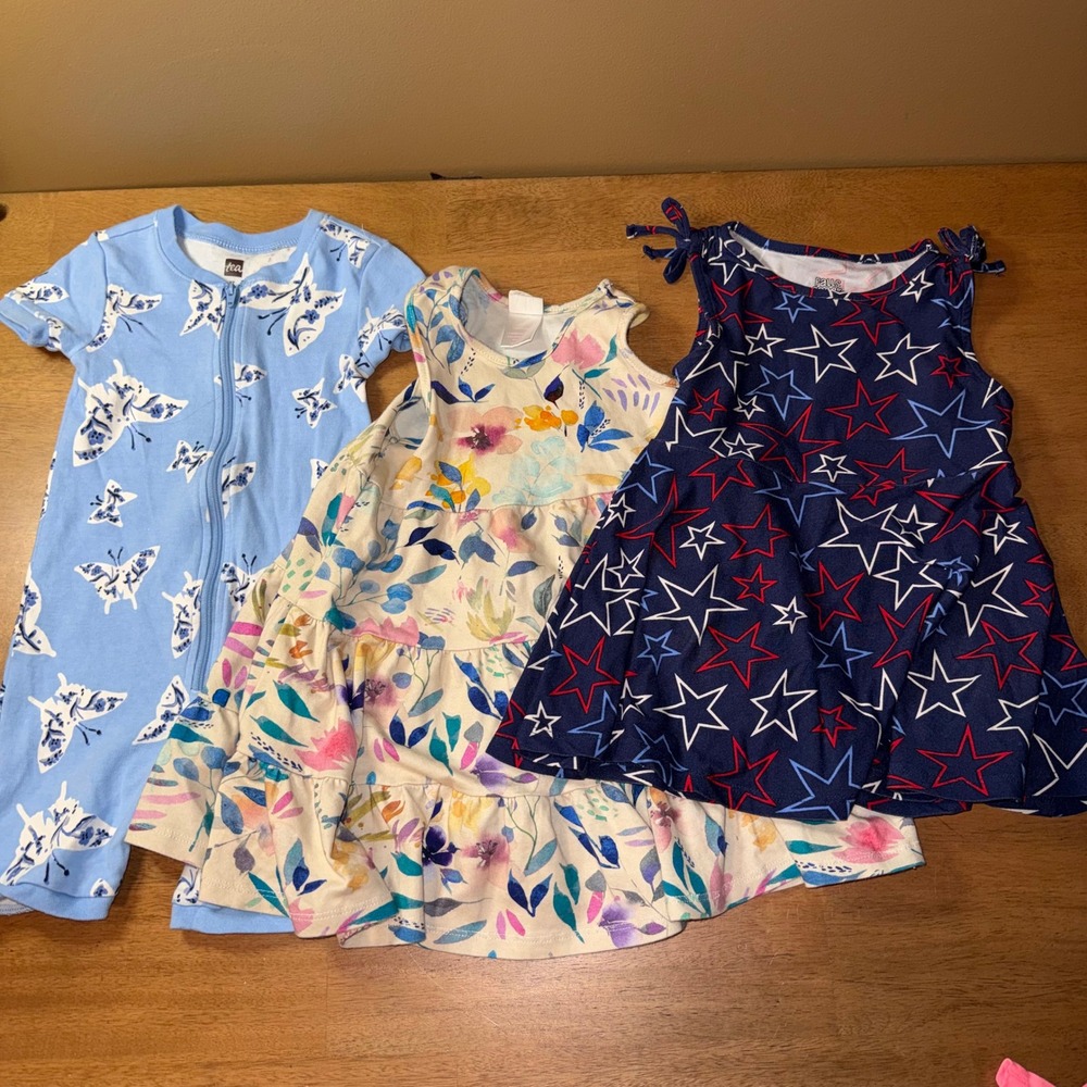 Lot of 3 Toddler Girls Dress Romper 2T Tea Collection Pink Elephant Falls Creek
